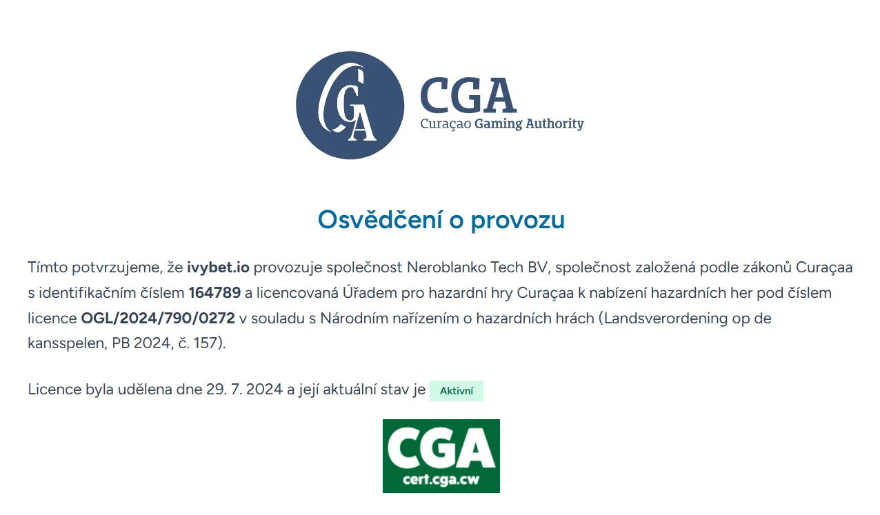 Oficiální certifikát Curaçao Gaming Authority pro ivybet.io s licencí OGL/2024/790/0272